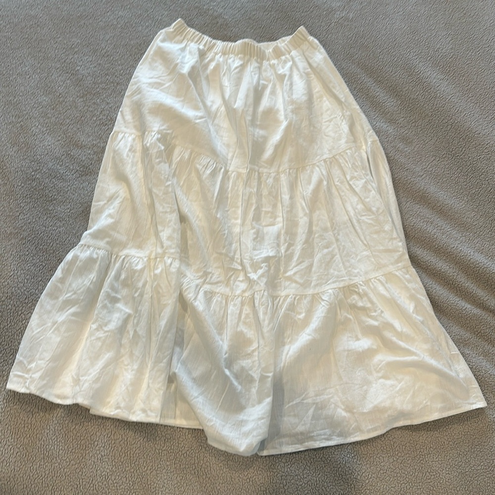 White Summer Boho Flowy Midi Skirt w/ Pockets